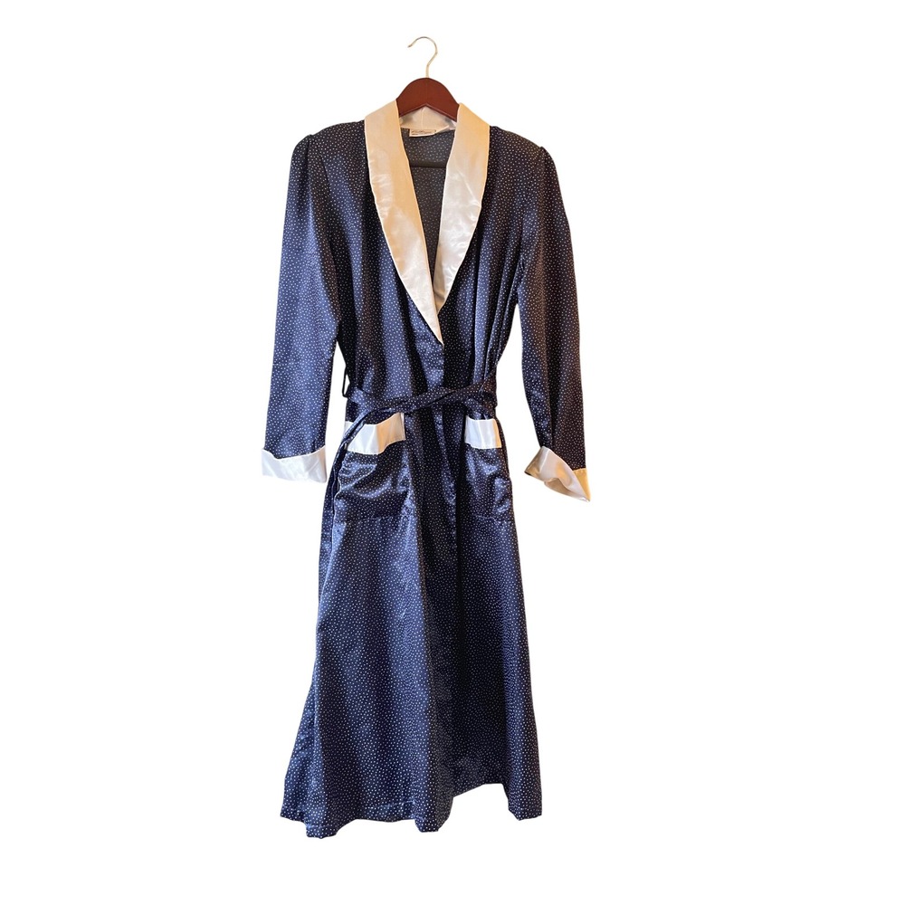 Vintage Navy Blue Polka Dot Satin Robe White Trim Shawl Collar Vintage Style Med
